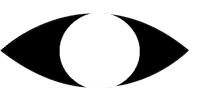 A black eye-shaped design with a white circular center.