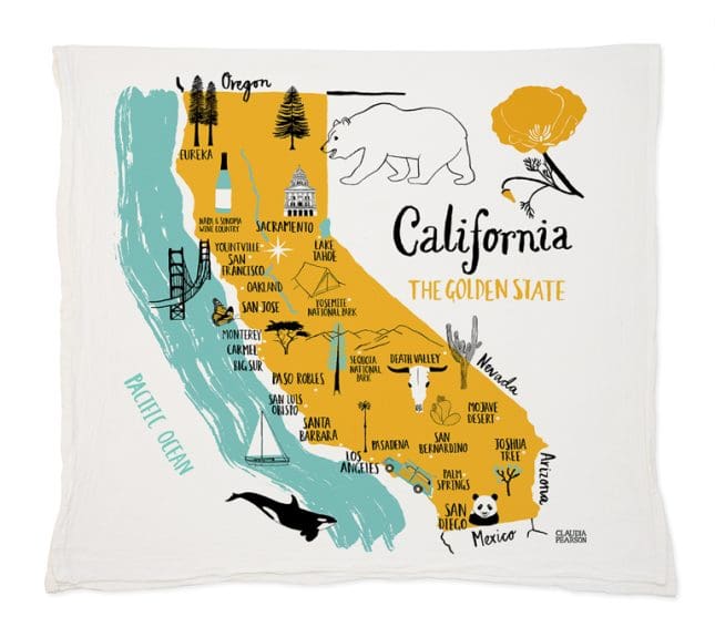 Illustrated map of California highlighting landmarks and cities.