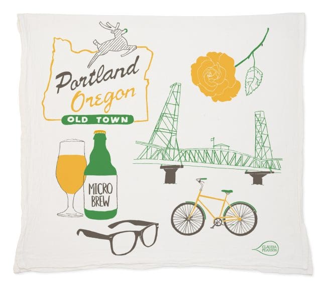 Illustration of Portland, Oregon with iconic symbols and landmarks.