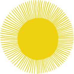 Bright yellow sun with radiating rays on a white background.