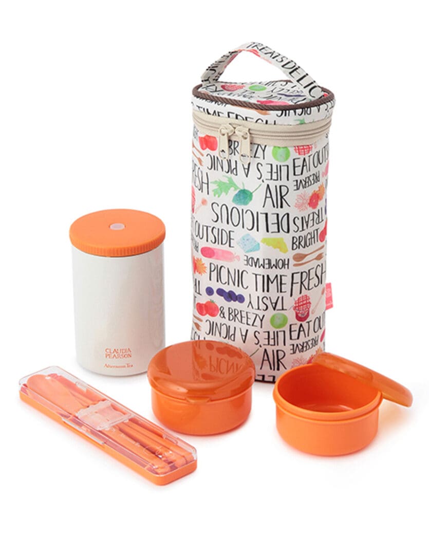 Colorful measuring cups and a container with a lid.