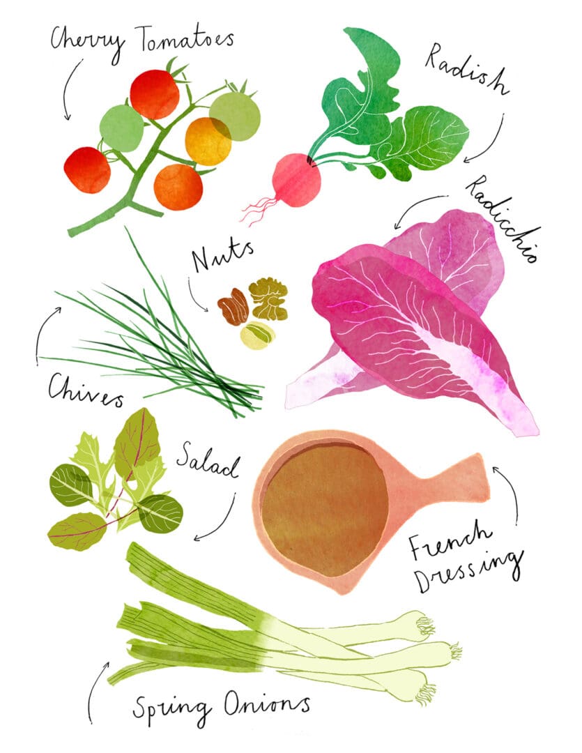 Fresh vegetables and herbs with a bowl of French dressing on a white background.