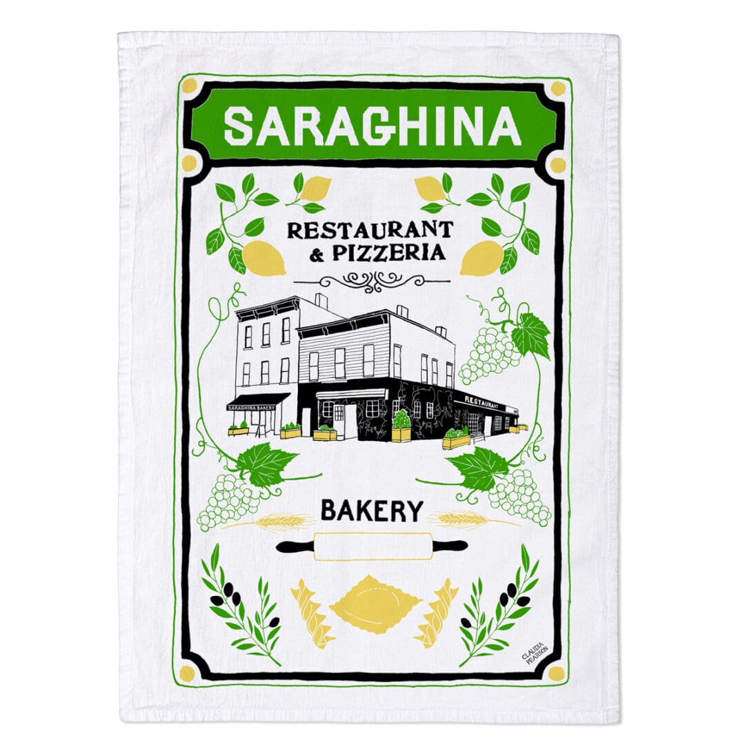 Saraghina restaurant and pizzeria bakery sign with green and yellow design.