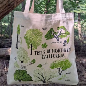 Tote bag featuring illustrations of Northern California trees.