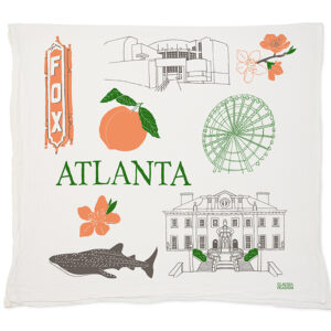 Decorative pillow showcasing Atlanta landmarks and symbols.