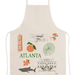 White apron with colorful Atlanta-themed illustrations and text.