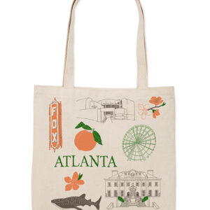 Atlanta-themed tote bag with city landmarks and symbols.