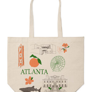 Beige tote bag featuring Atlanta landmarks and floral designs in orange and green.