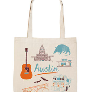 Beige tote bag with Austin-themed illustrations including a guitar and city landmarks.