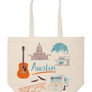Beige tote bag featuring Austin-themed illustrations and icons.