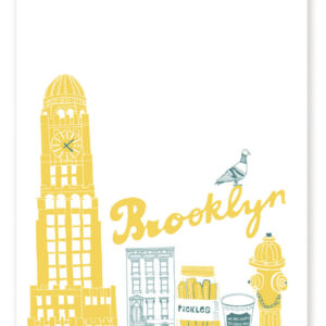 Illustration of Brooklyn with iconic buildings and landmarks in yellow and blue.