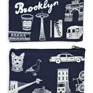 Two Brooklyn-themed fabric pieces with white illustrations on navy blue.