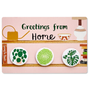 Decorative card with plant illustrations and 'Greetings from Home' text.