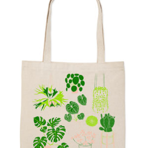 Beige tote bag with green and pink tropical plant designs.