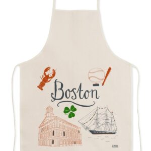 Beige apron featuring Boston-themed designs including a lobster and a sailing ship.