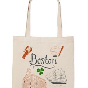 A Boston-themed tote bag with iconic illustrations and lettering.