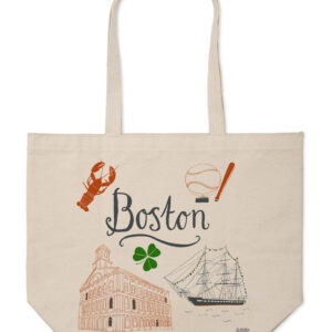 A beige tote bag with Boston-themed illustrations including a lobster, shamrock, ship, and building.