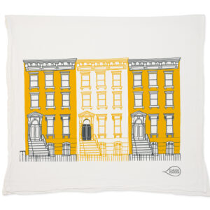 Illustration of a classic townhouse with yellow and white facade on a white background.