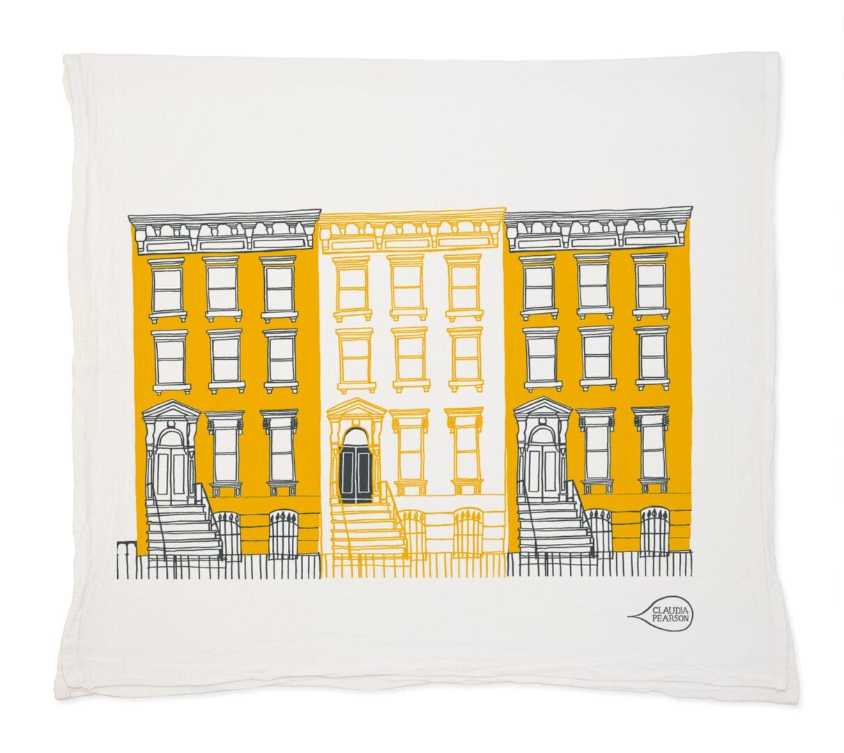 Illustration of a classic townhouse with yellow and white facade on a white background.