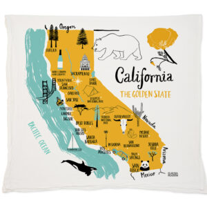 Illustrated map of California highlighting landmarks and regions.