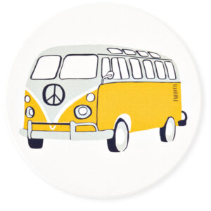 Yellow vintage van with a peace symbol on the front.