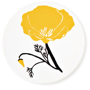 A yellow flower with black stems on a white background.