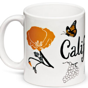 White mug with California-themed floral and butterfly design.