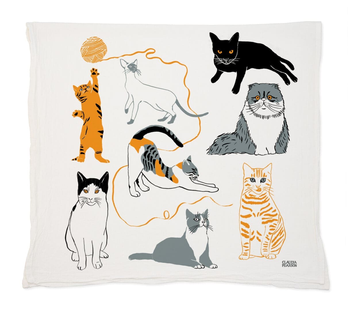 Decorative pillow featuring playful illustrations of various cats.
