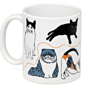 White mug with illustrations of various playful cats.