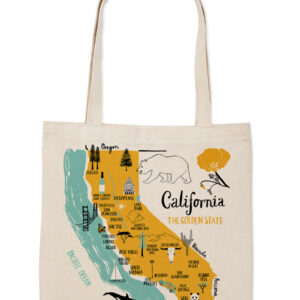 A beige tote bag featuring a colorful map of California.