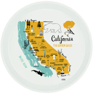 Illustrated map of California highlighting landmarks and cities.