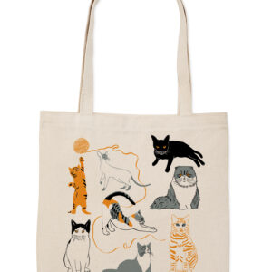 Beige tote bag with playful cat illustrations in various poses.