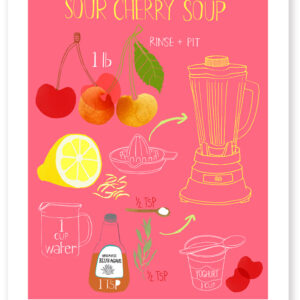 Illustrated recipe for cherry soup with ingredients and blender.