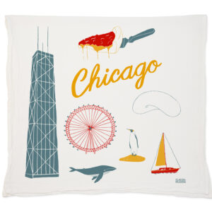Decorative pillow featuring Chicago-themed illustrations and text.