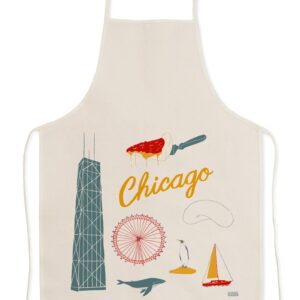 A Chicago-themed apron with iconic city symbols and landmarks.