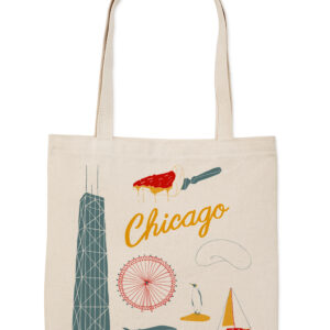 Beige tote bag with Chicago skyline and landmarks illustration.