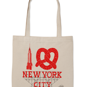 Beige tote bag with red New York City design featuring the Empire State Building and a pretzel.
