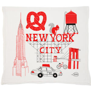 Decorative pillow featuring New York City icons in red.