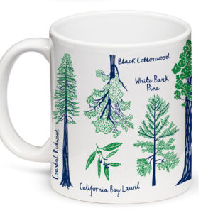 A white mug featuring artistic illustrations of trees with their names.