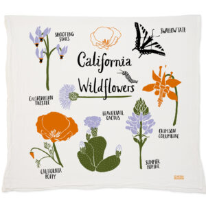 A decorative pillow featuring colorful illustrations of California wildflowers with their names.
