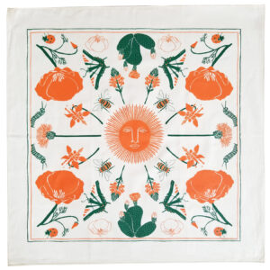 Decorative square tile featuring a sun with a face surrounded by orange pumpkins and green vines.
