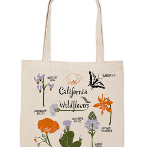 Canvas tote bag featuring colorful California wildflower illustrations.