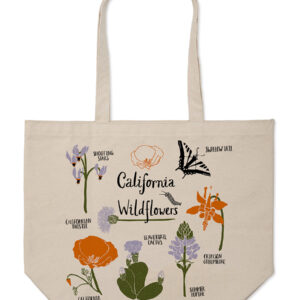 A tote bag featuring colorful illustrations of California wildflowers.