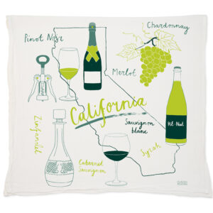 Decorative pillow with California wine-themed illustrations and text.