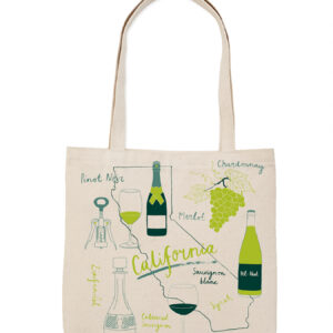 A beige tote bag with wine-themed illustrations and text.