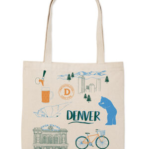 Beige tote bag with colorful Denver-themed illustrations.