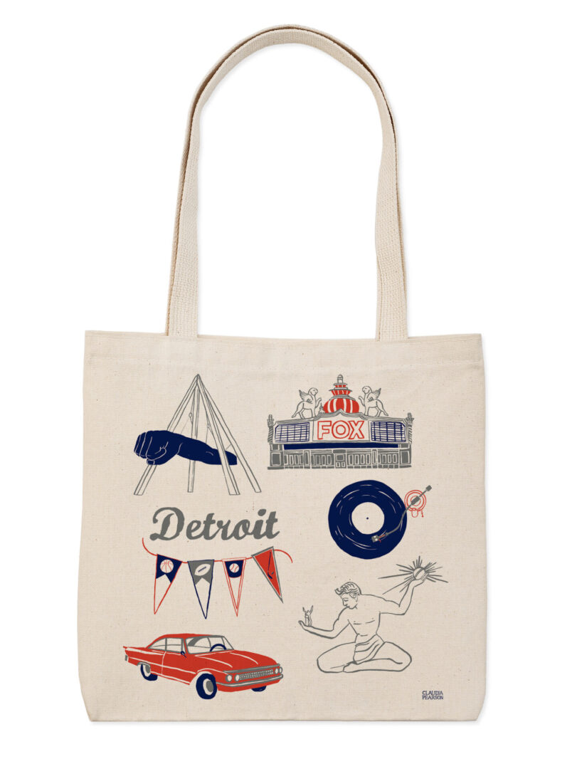 Beige tote bag with Detroit-themed blue and red illustrations.