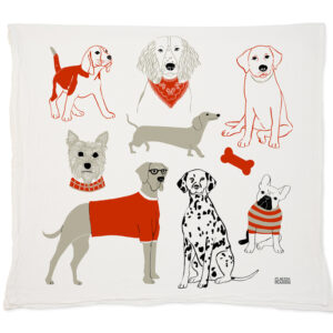 Decorative pillow featuring various illustrated dogs in different poses and outfits.