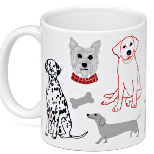 White mug with illustrated dogs in various breeds and a bone.