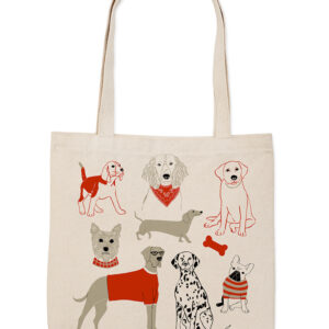 Canvas tote bag with cute dog illustrations wearing sweaters.
